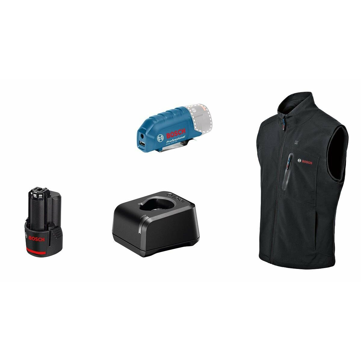 Bosch Professional Akku, Ladegerät, Powerbank und schwarze Weste.