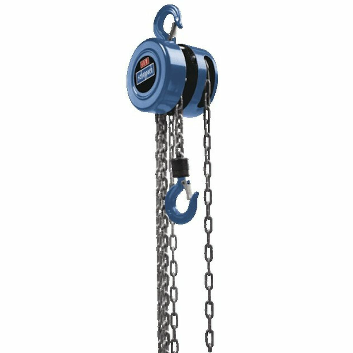 Blue chain hoist with hook and metal chains hanging down against a white background.
