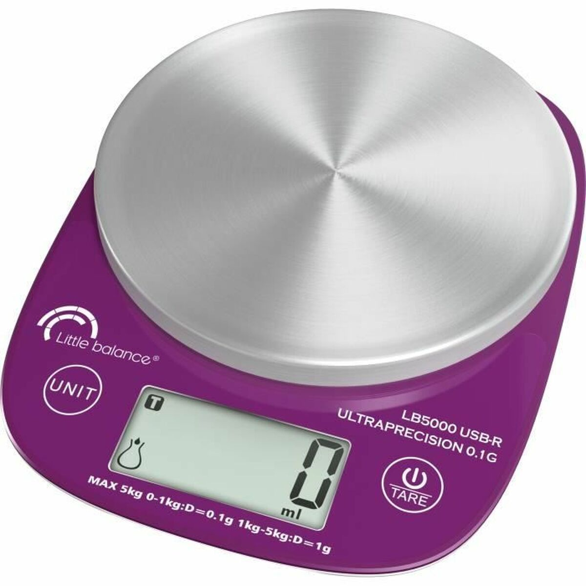 Eine lila digitale Küchenwaage mit silberner Wiegefläche und LCD-Display.