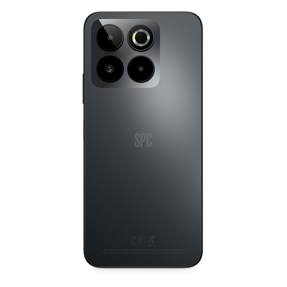Rückseite eines schwarzen Smartphones mit vier Kameras und SPC-Logo.