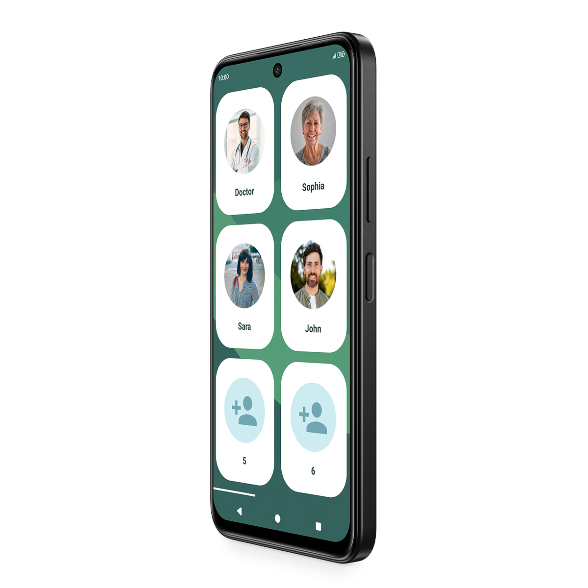 Smartphone-Display mit Profilen: Arzt, Sophia, Sara, John und zwei Symbolen.