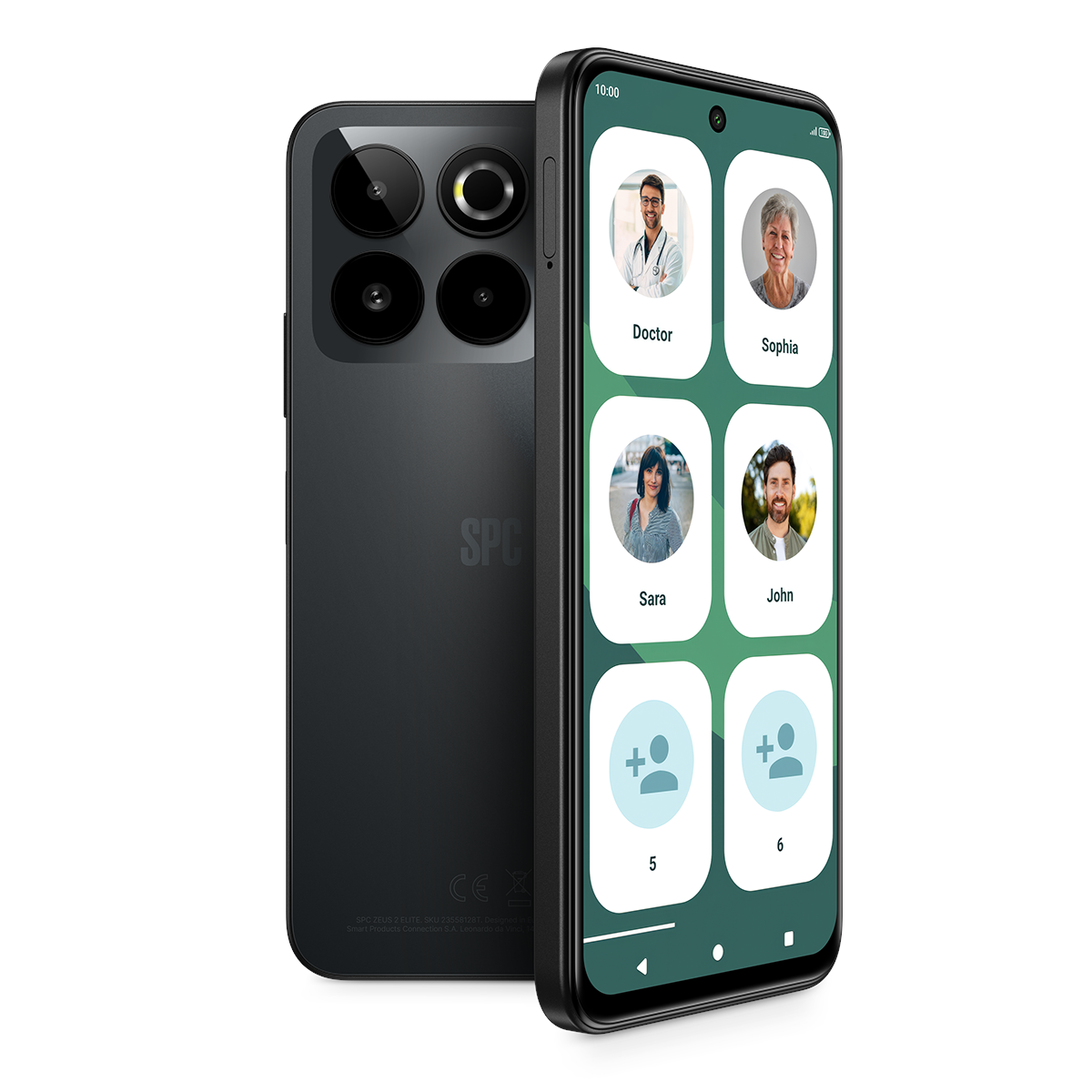 Ein schwarzes Smartphone mit Kameramodul und Kontaktliste auf dem Bildschirm.