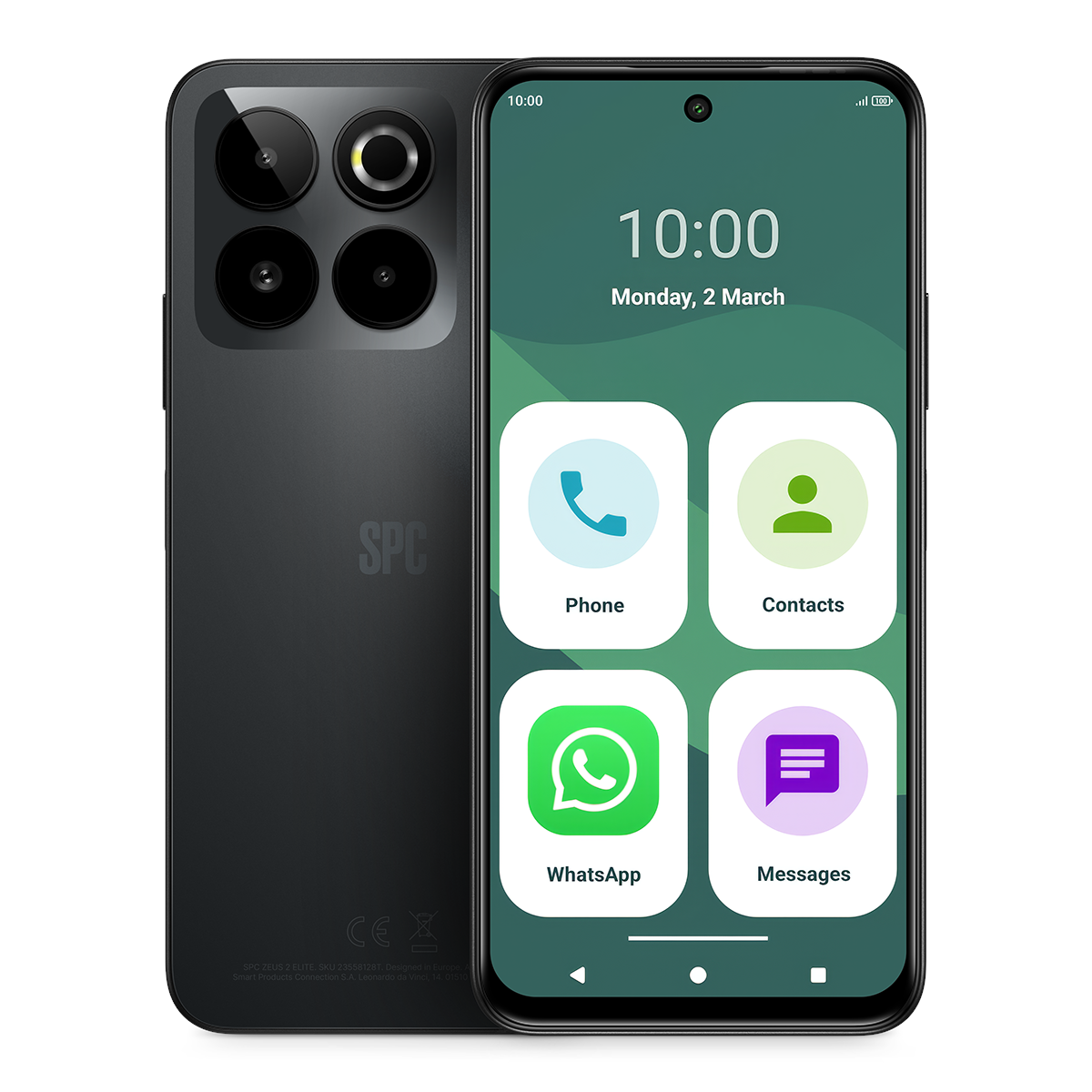 Ein schwarzes Smartphone mit vier Kameras auf der Rückseite und einem grünen Startbildschirm.