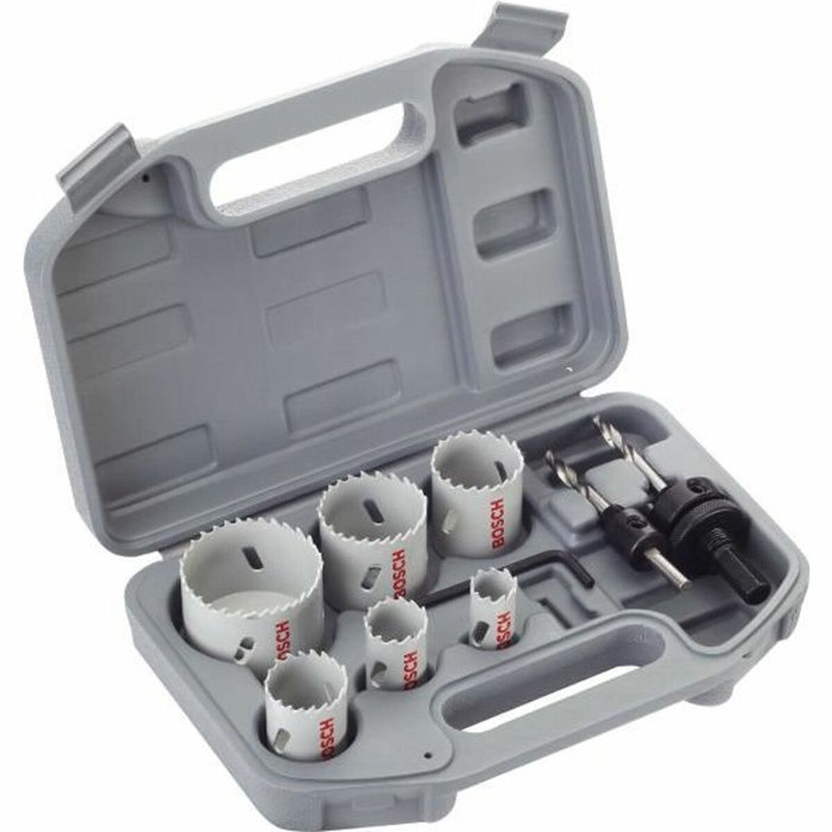 Bosch'un delik testereleri ve matkap uçlarından oluşan bir set içeren gri kutu.