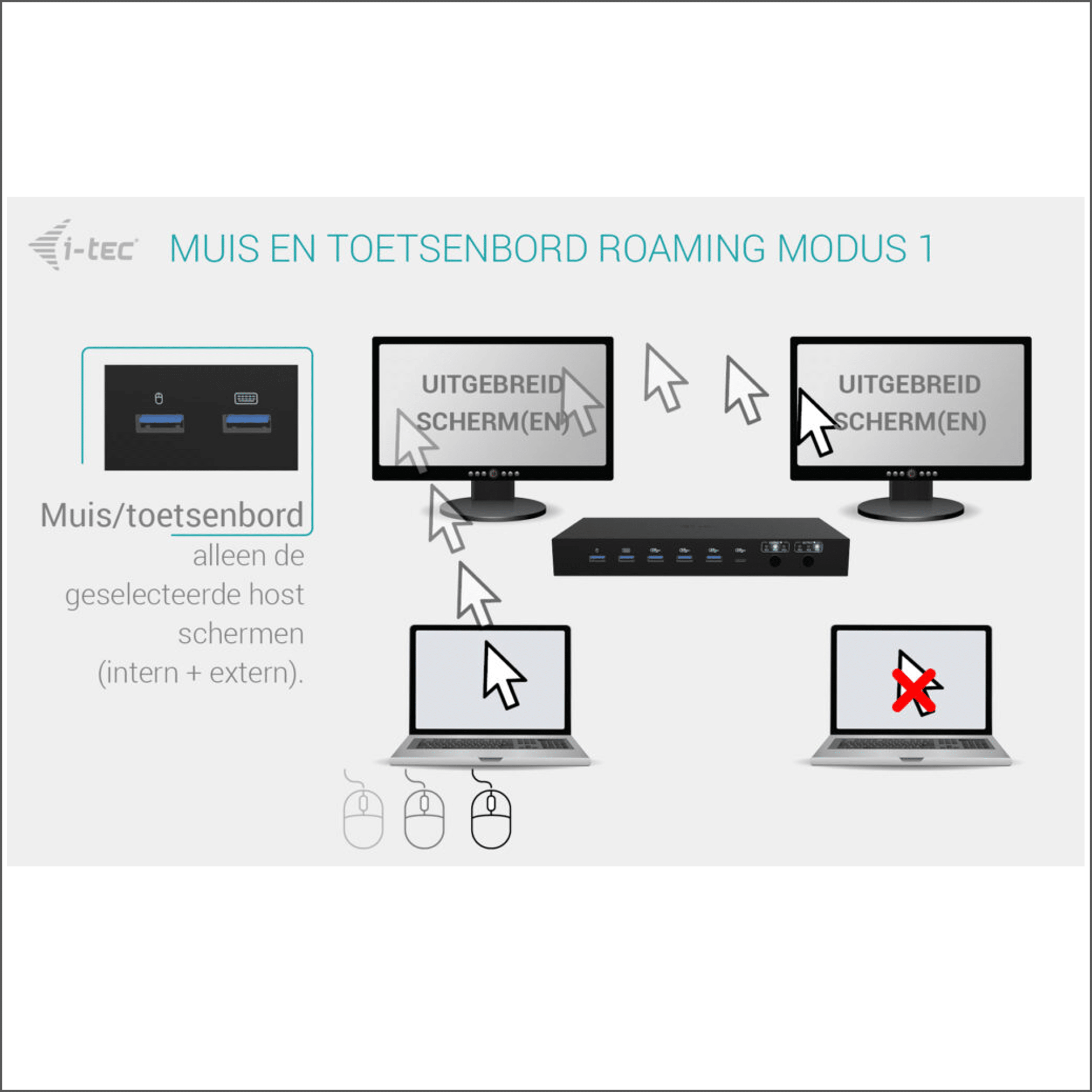Diagramma mostra roaming mouse e tastiera su due schermi.