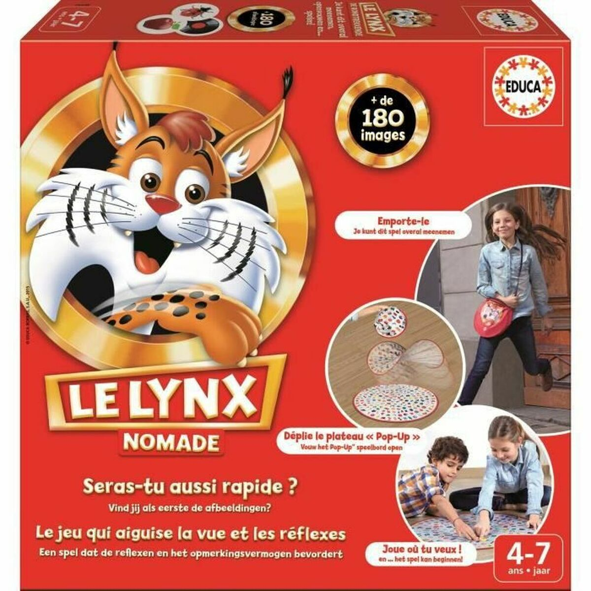 Caja del juego Le Lynx Nomade con luchs de dibujos animados, niños jugando y detalles del juego.