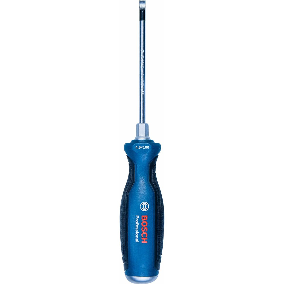Ein Bosch Schlitzschraubendreher mit blauem Griff und Metallschaft.