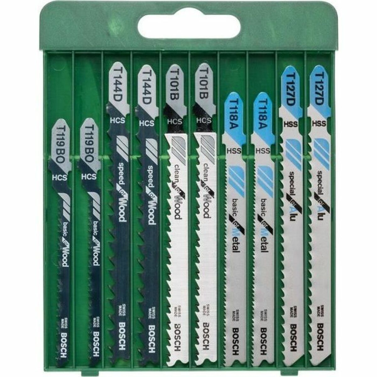 Ein grüner Kasten mit 10 Bosch Stichsägeblättern für Holz, Metall und Aluminium.