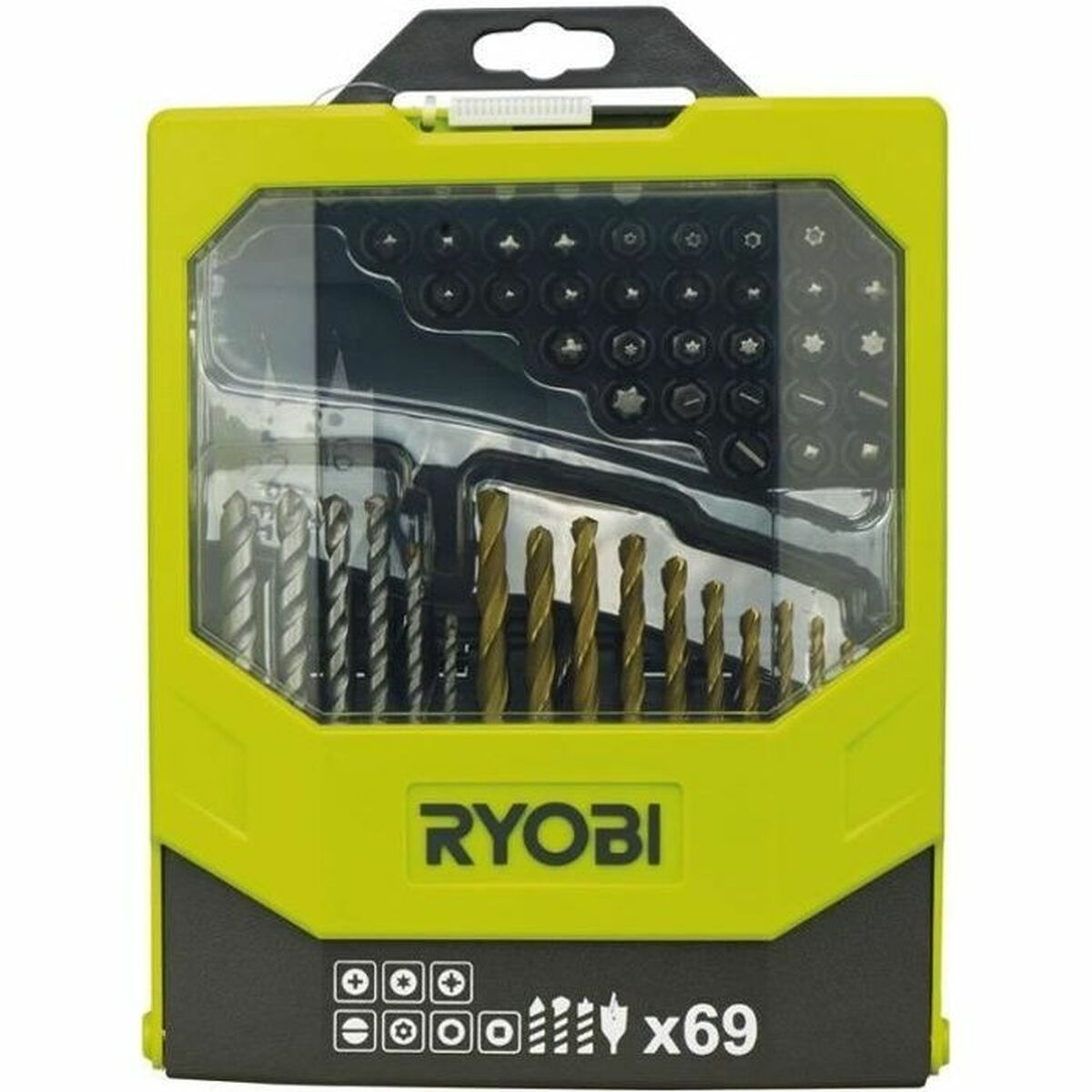 Ryobi Bohrer- und Bit-Set in gelber Verpackung mit klarem Deckel.