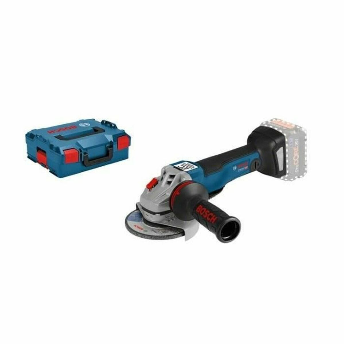 Une mallette bleue Bosch et une meuleuse d'angle avec batterie sur fond blanc.
