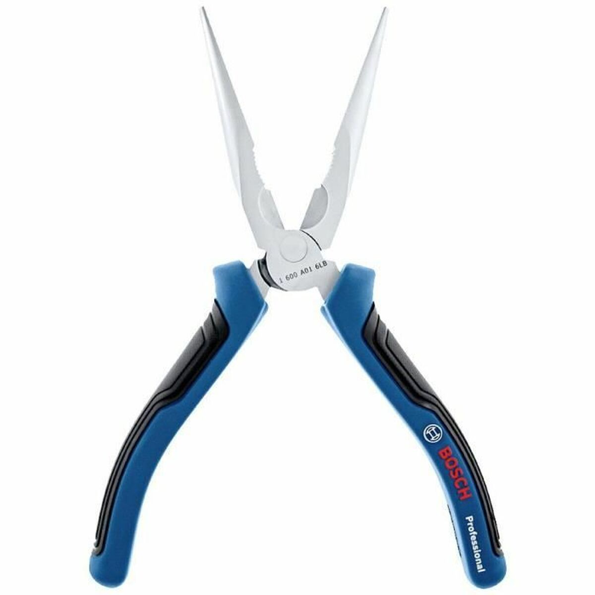 Pinza a becchi lunghi con manici blu e neri e logo Bosch su sfondo bianco.