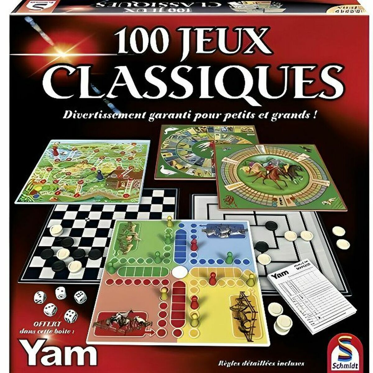 Bordspeldoos met 100 spellen, schaakbord, dobbelstenen, spelborden en pionnen.