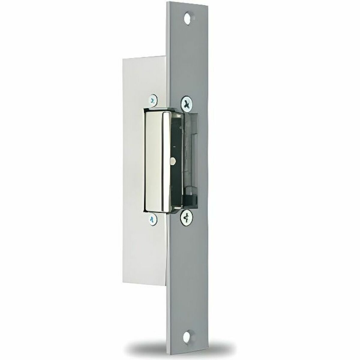 Una placa de cerradero eléctrico de puerta metálica con tornillos sobre fondo blanco.