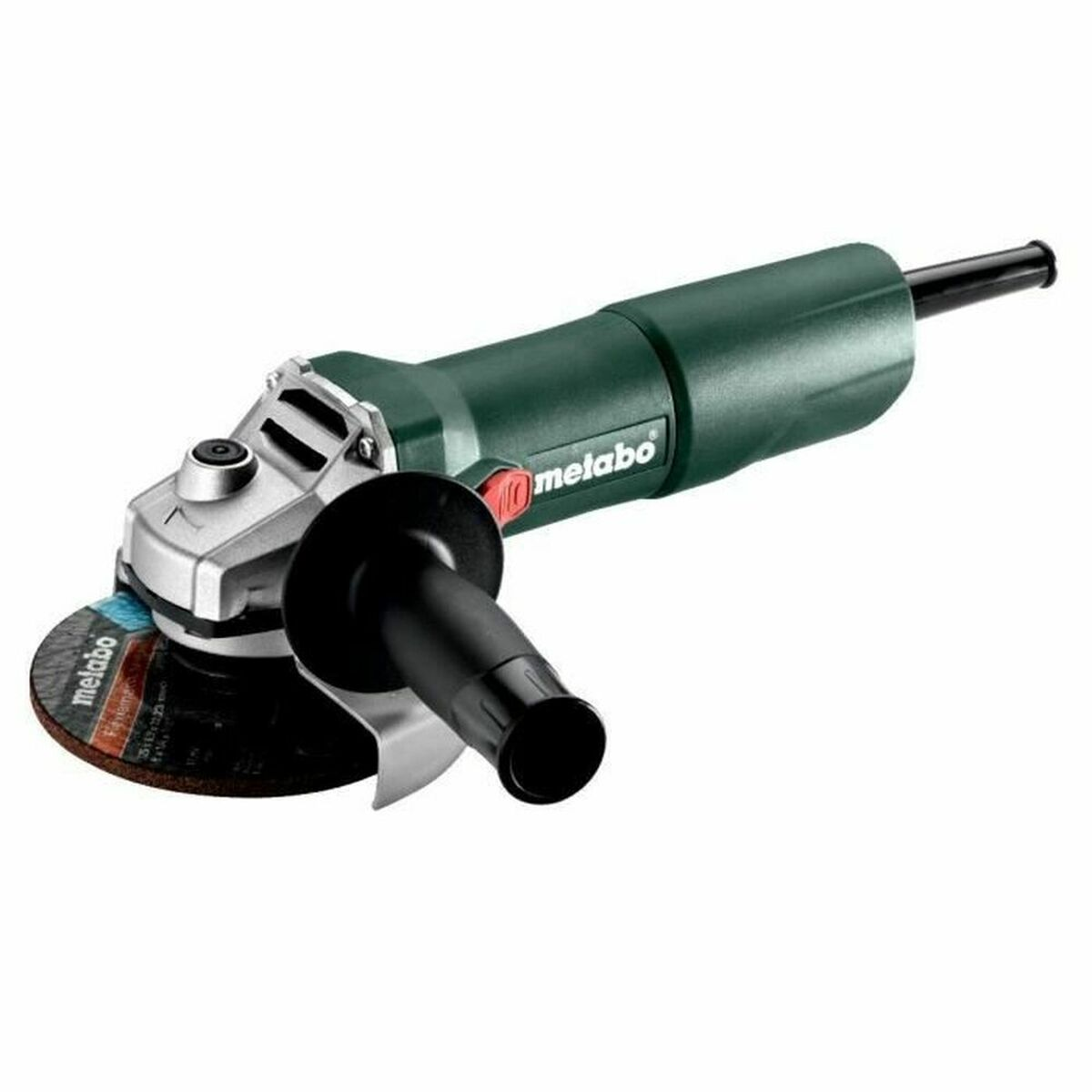 Grüner Winkelschleifer von Metabo mit schwarzem Griff und Trennscheibe.