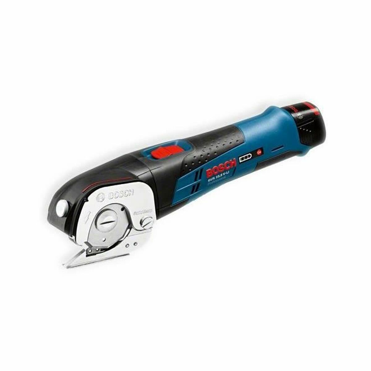 Un taglierino Bosch blu e nero con un pulsante rosso su sfondo bianco.
