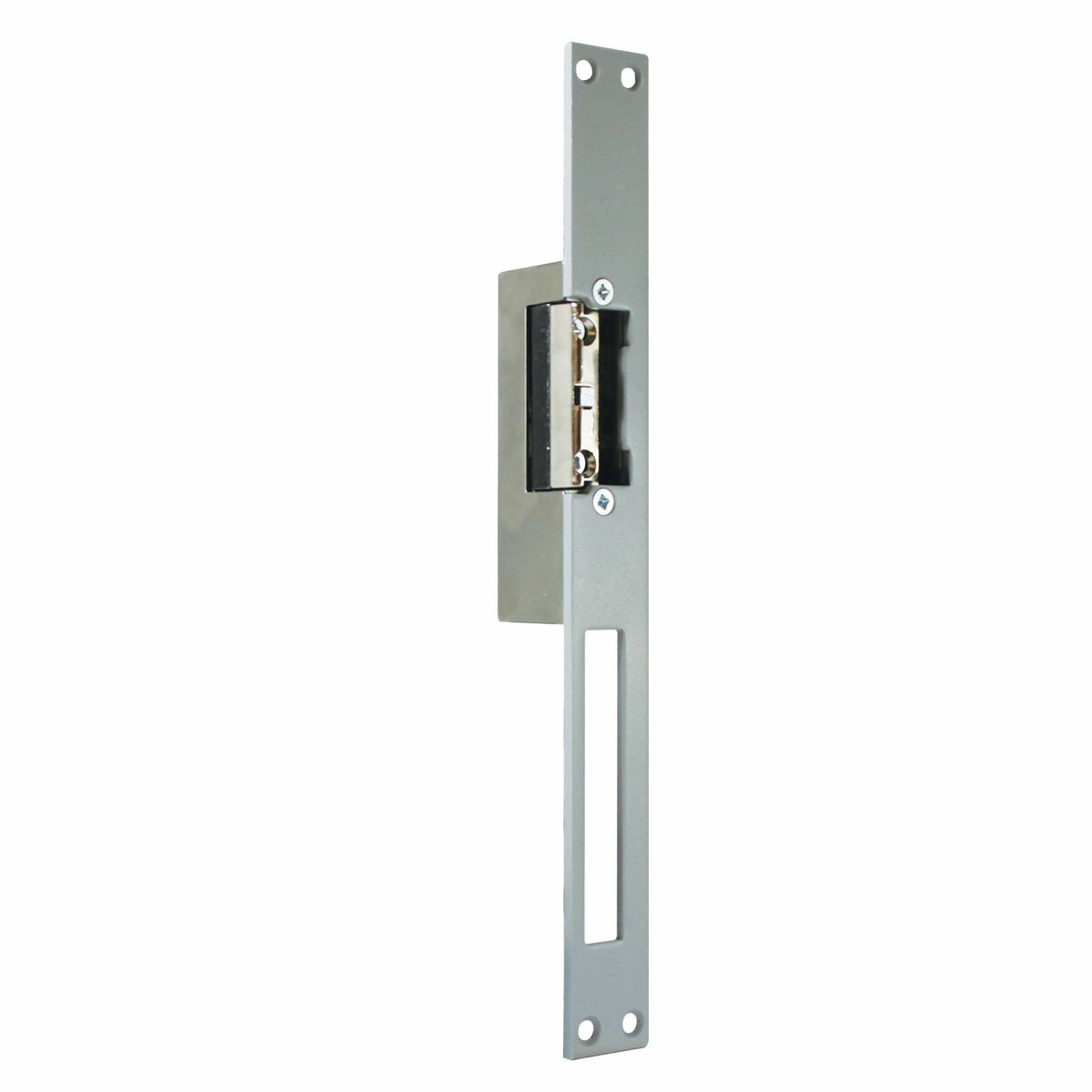 Placa de cerradura de strike eléctrico con orificios de montaje.
