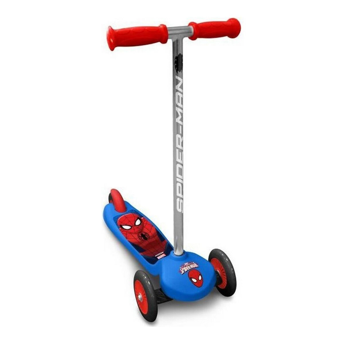 Ein blauer dreirädriger Roller mit Spider-Man-Motiv, roten Griffen und Rädern.