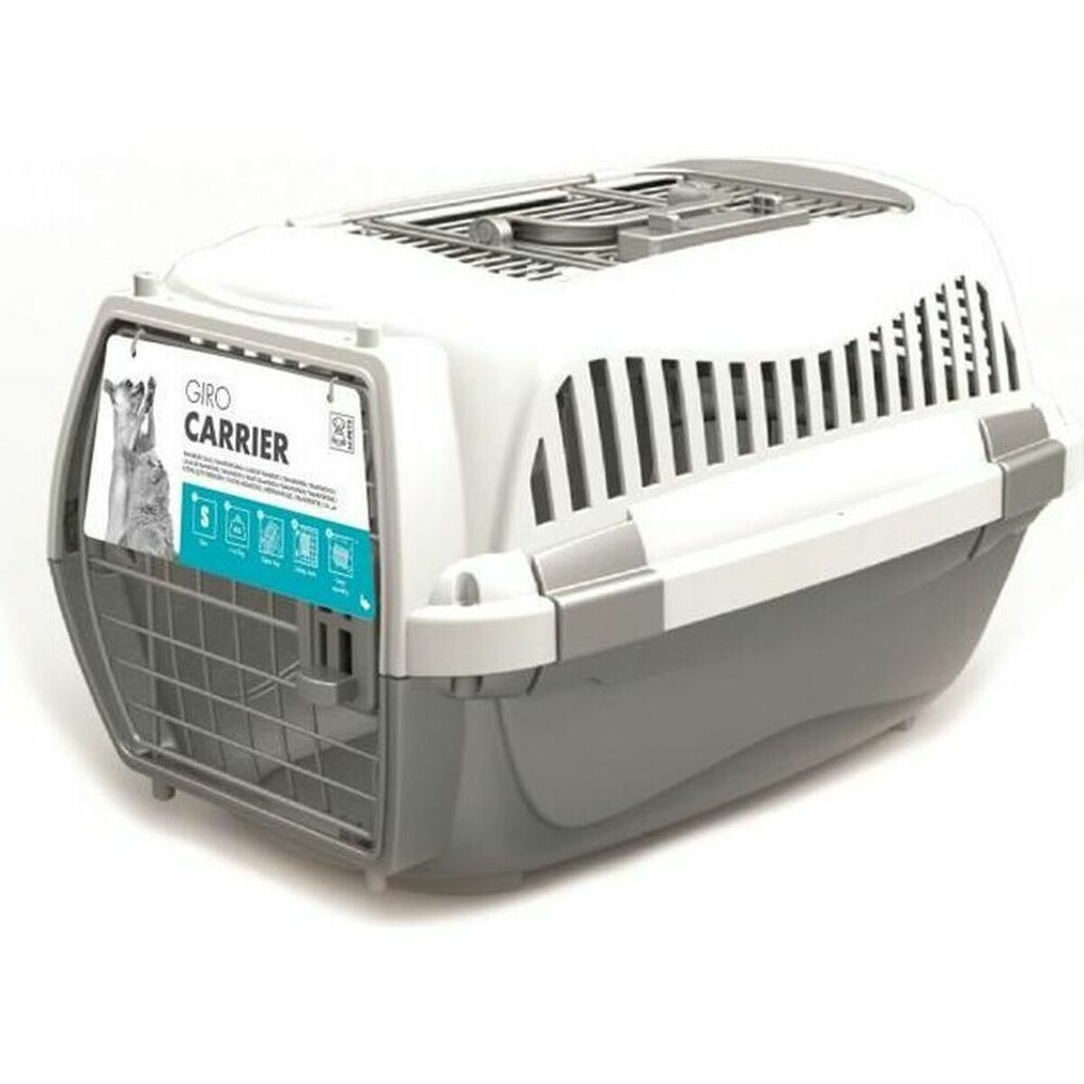 Transportín de plástico blanco y gris con puerta metálica y ventilación.