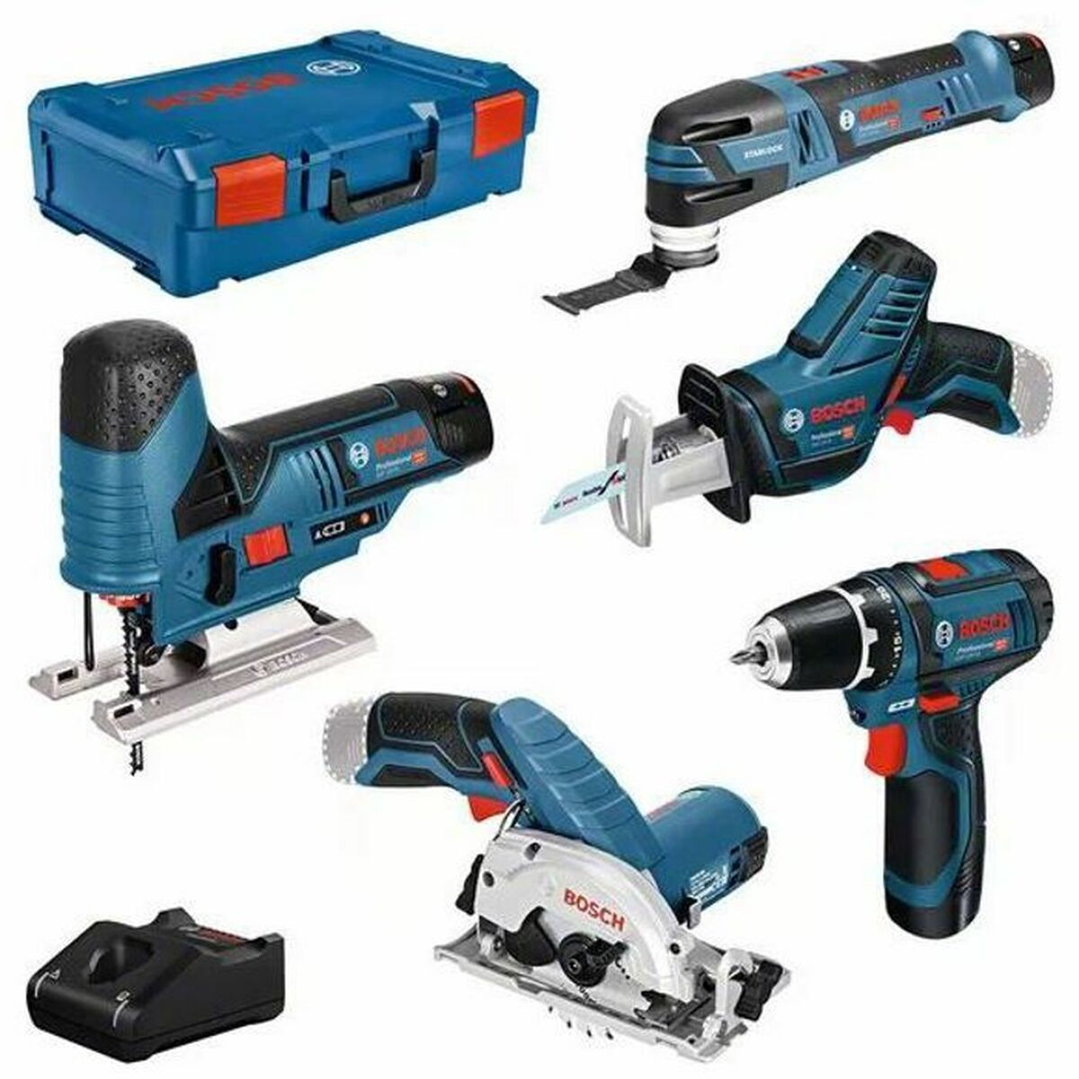 Sechs Bosch-Elektrowerkzeuge: Koffer, Stichsäge, Multifunktionswerkzeug, Säbelsäge, Kreissäge, Bohrer.
