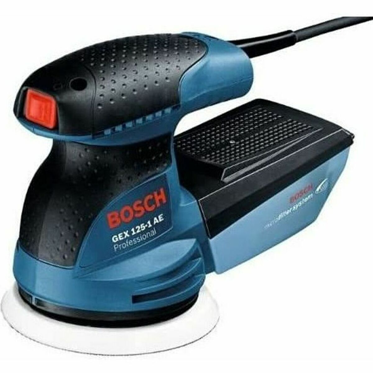 Ein blauer und schwarzer Bosch Exzenterschleifer mit Staubfangbehälter.