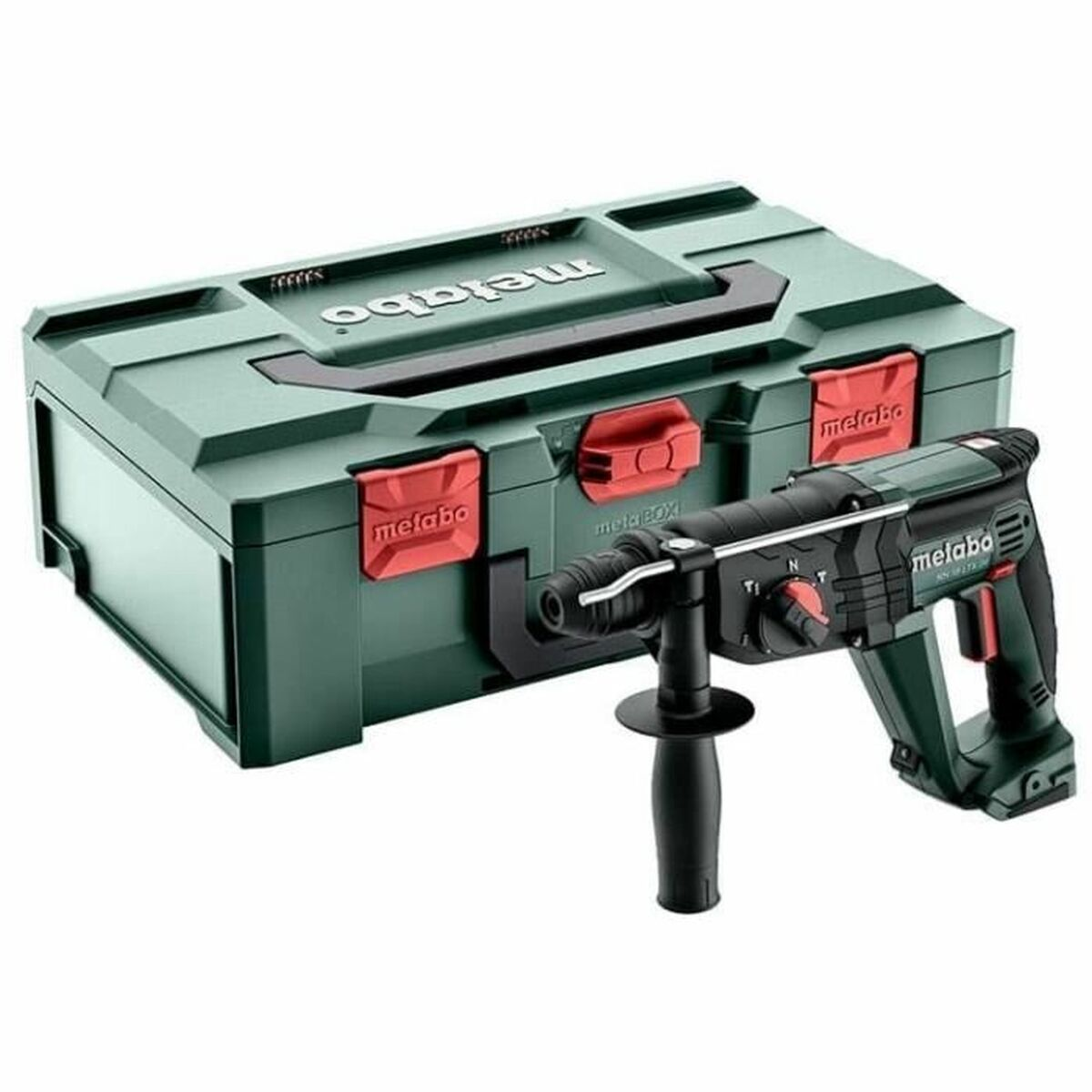 Caja de herramientas verde con asa roja y taladro.