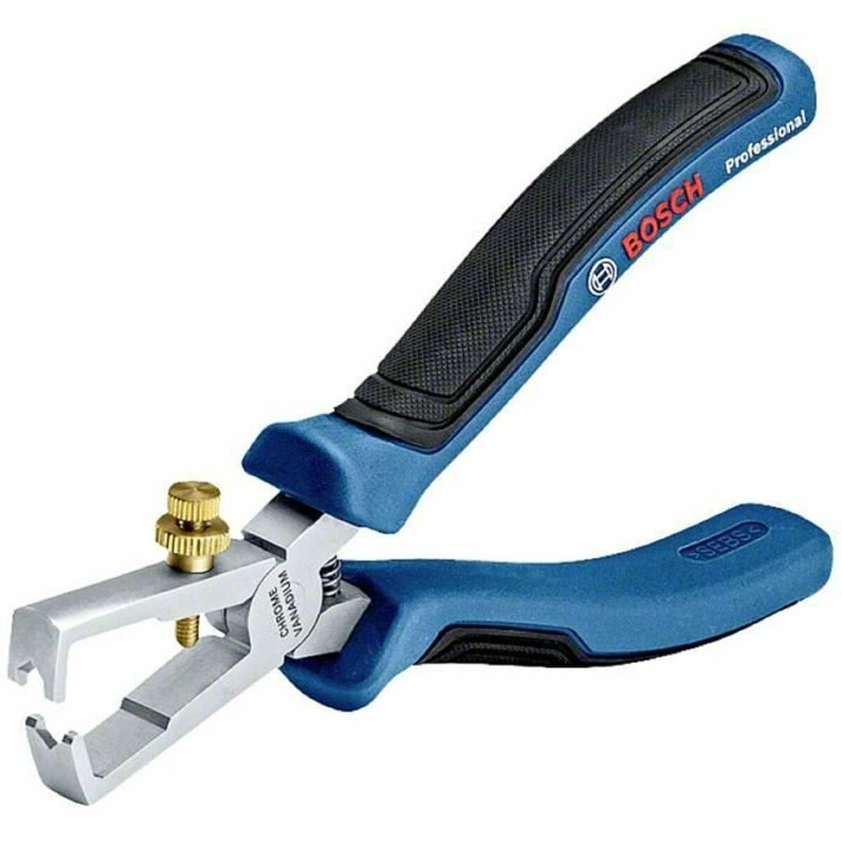 Mavi saplı ve metal bileşenli bir Bosch kablo soyucu.