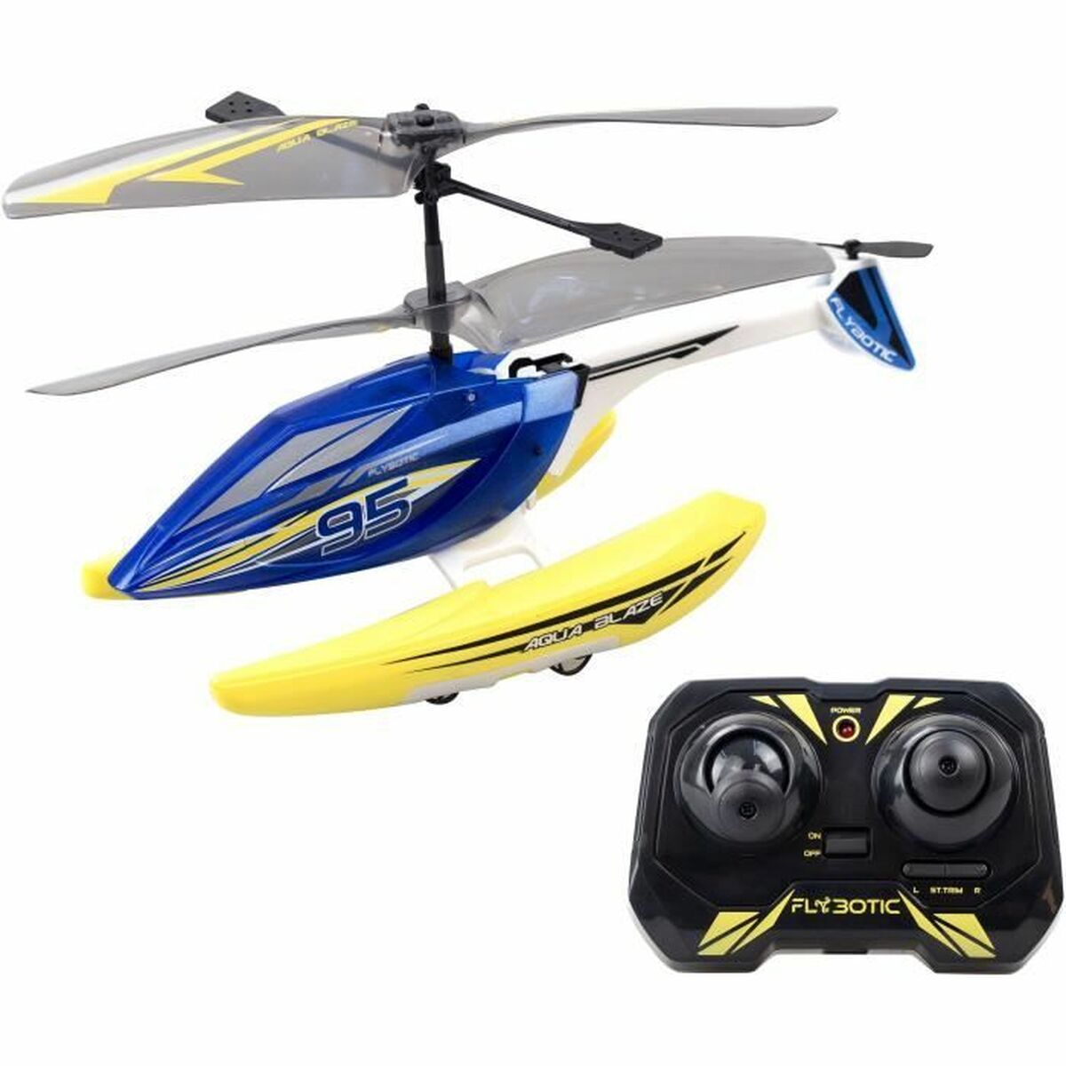 Ein blau-gelber ferngesteuerter Hubschrauber mit Controller auf weißem Hintergrund.