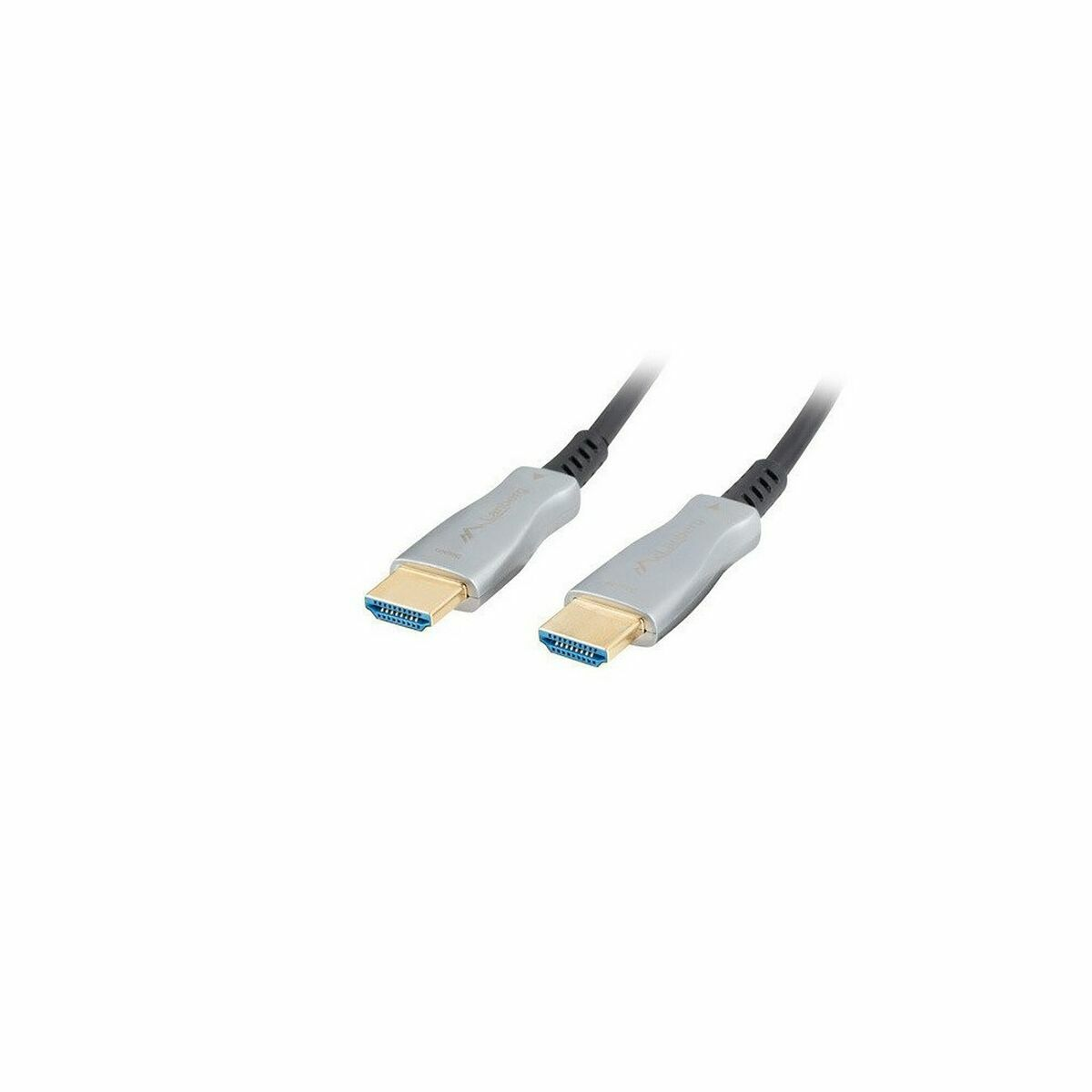 Deux câbles HDMI argentés avec connecteurs dorés sur fond blanc.