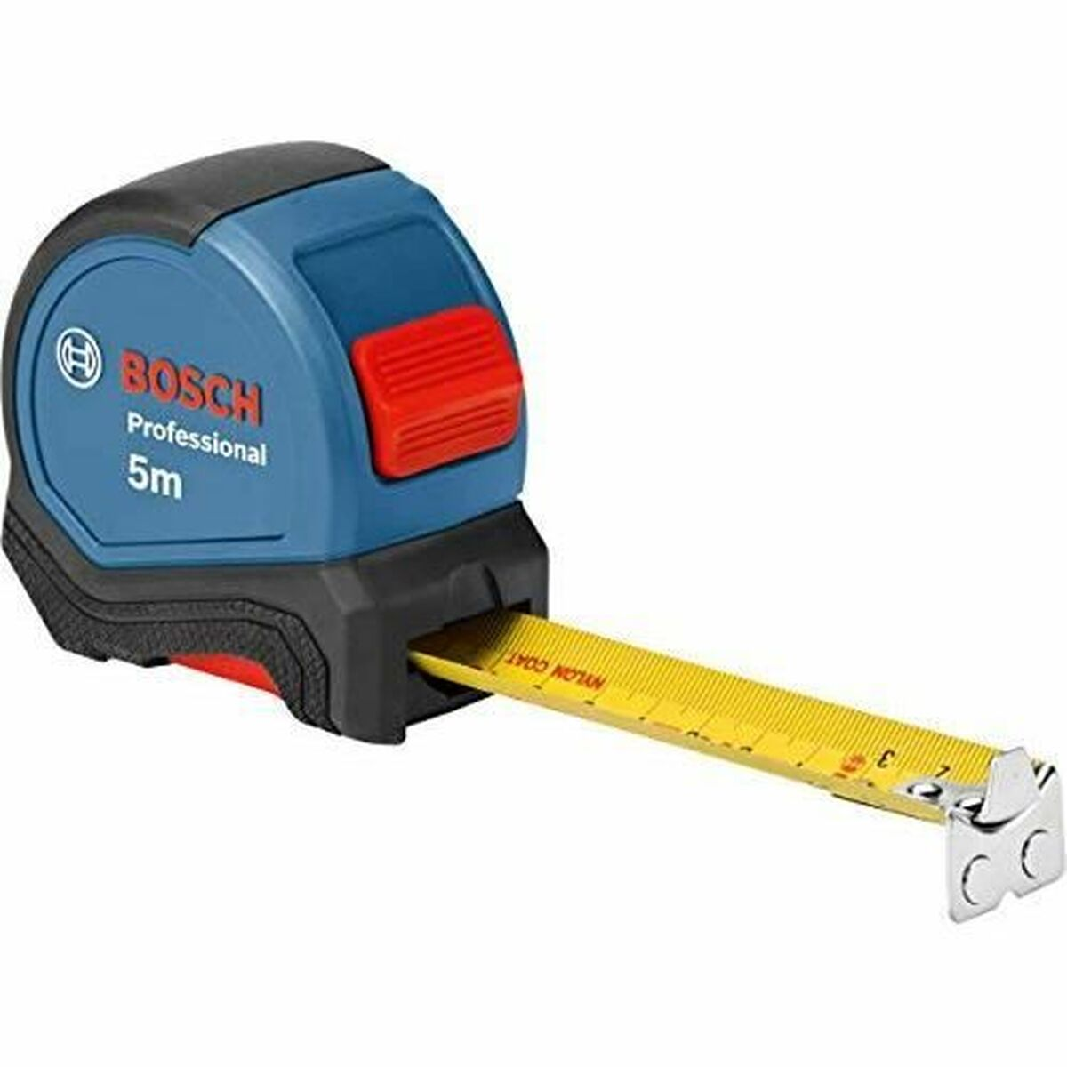 Bosch Professional 5m şerit metre, mavi gövde ve kırmızı düğmeli, şerit uzatılmış.