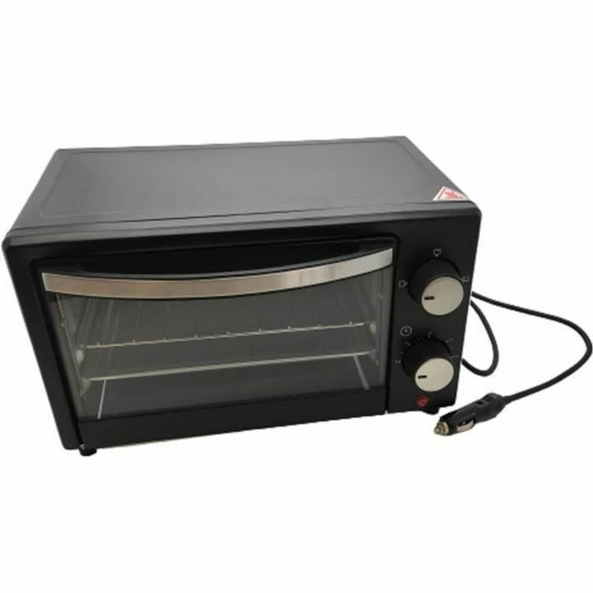 Zwarte tafeloven met twee knoppen en een auto stekker.