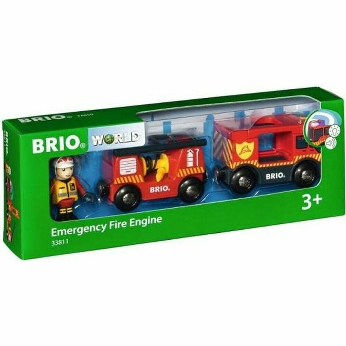 Remiza strażacka BRIO World z figurką i przyczepą.