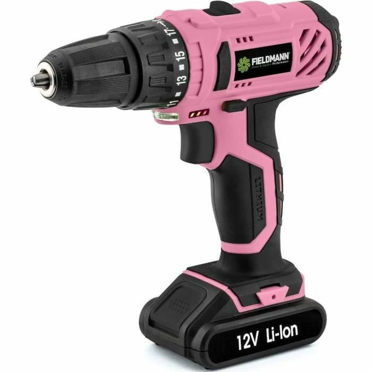 Ein pinkfarbener und schwarzer Akku-Bohrschrauber mit 12V Li-Ion-Akku.
