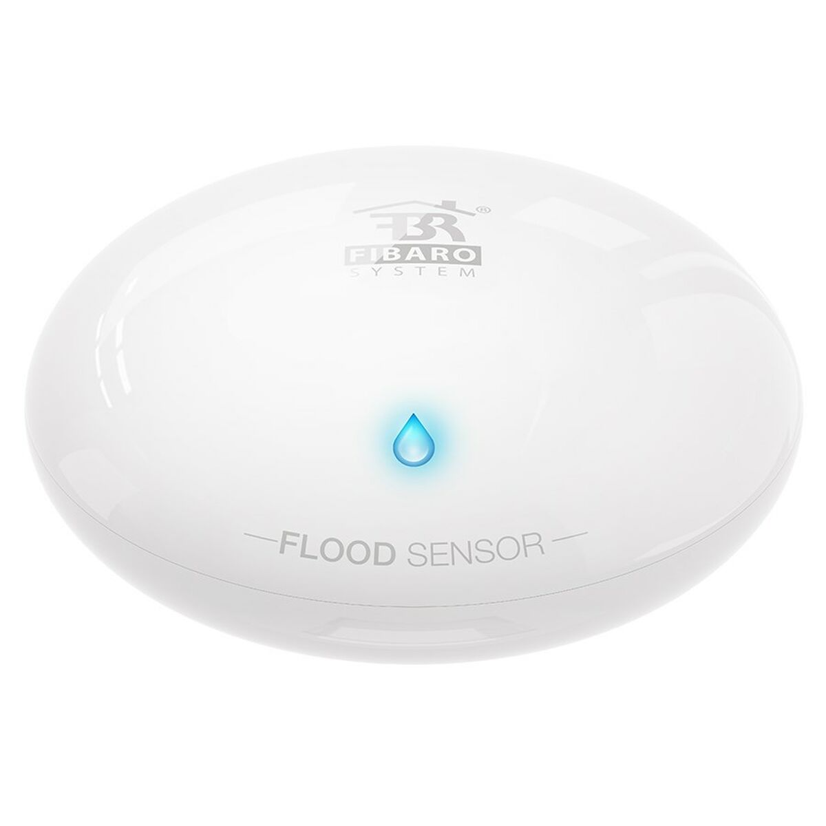 Weißer Fibaro-Wassersensor mit blauer Tropfenleuchte und Text 'FLOOD SENSOR'.