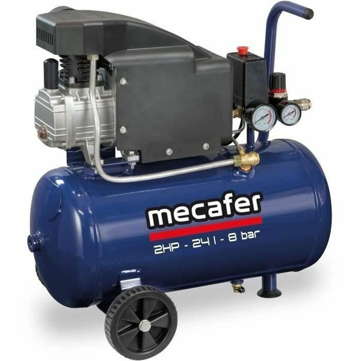Blauer Mecalfer-Kompressor mit Silbermotor, schwarzem Gehäuse und zwei Manometern.