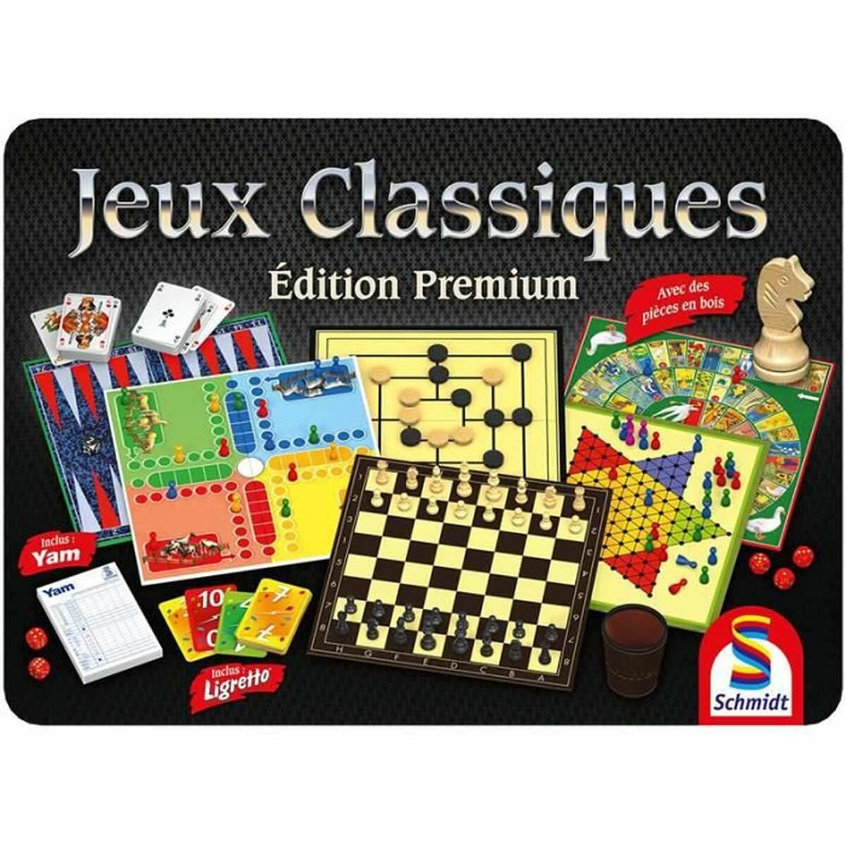 Eine Sammlung klassischer Brettspiele, darunter Schach, Backgammon und Ludo.