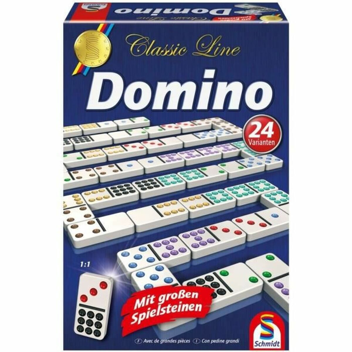 Scatola di pezzi del gioco del domino in vari colori e motivi.