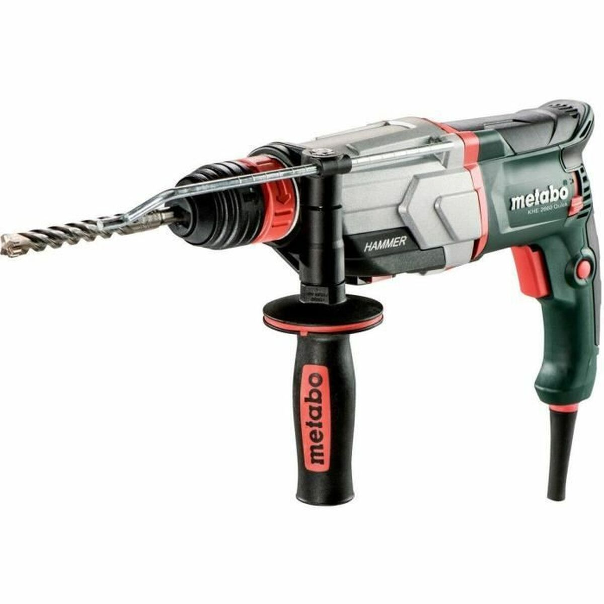 Ein Metabo Bohrhammer mit Bohrer und Zusatzgriff, grau, rot und grün.
