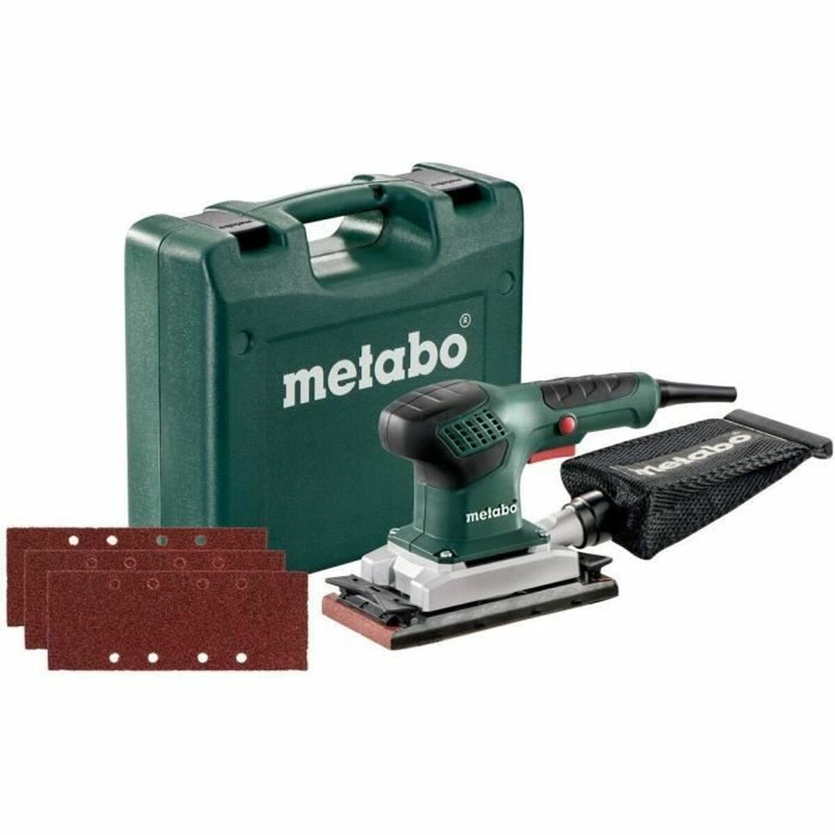 Grüner Metabo Schwingschleifer mit Staubbeutel, Koffer und Schleifpapier.