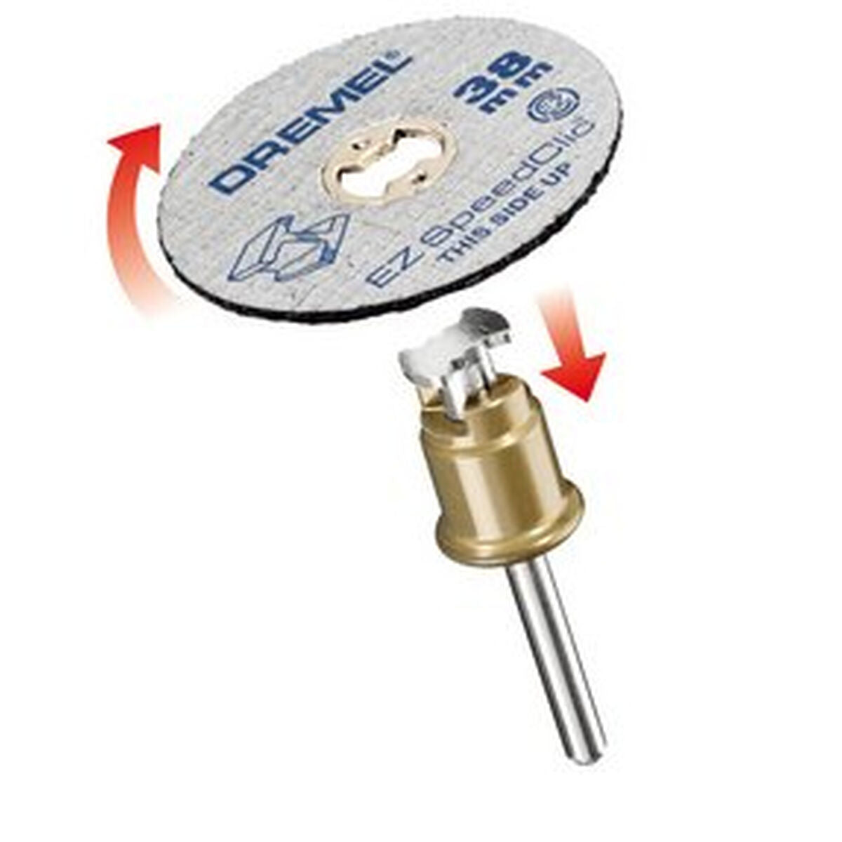 Dremel Trennscheibe mit 38 mm Durchmesser und EZ SpeedClic Aufsatz.