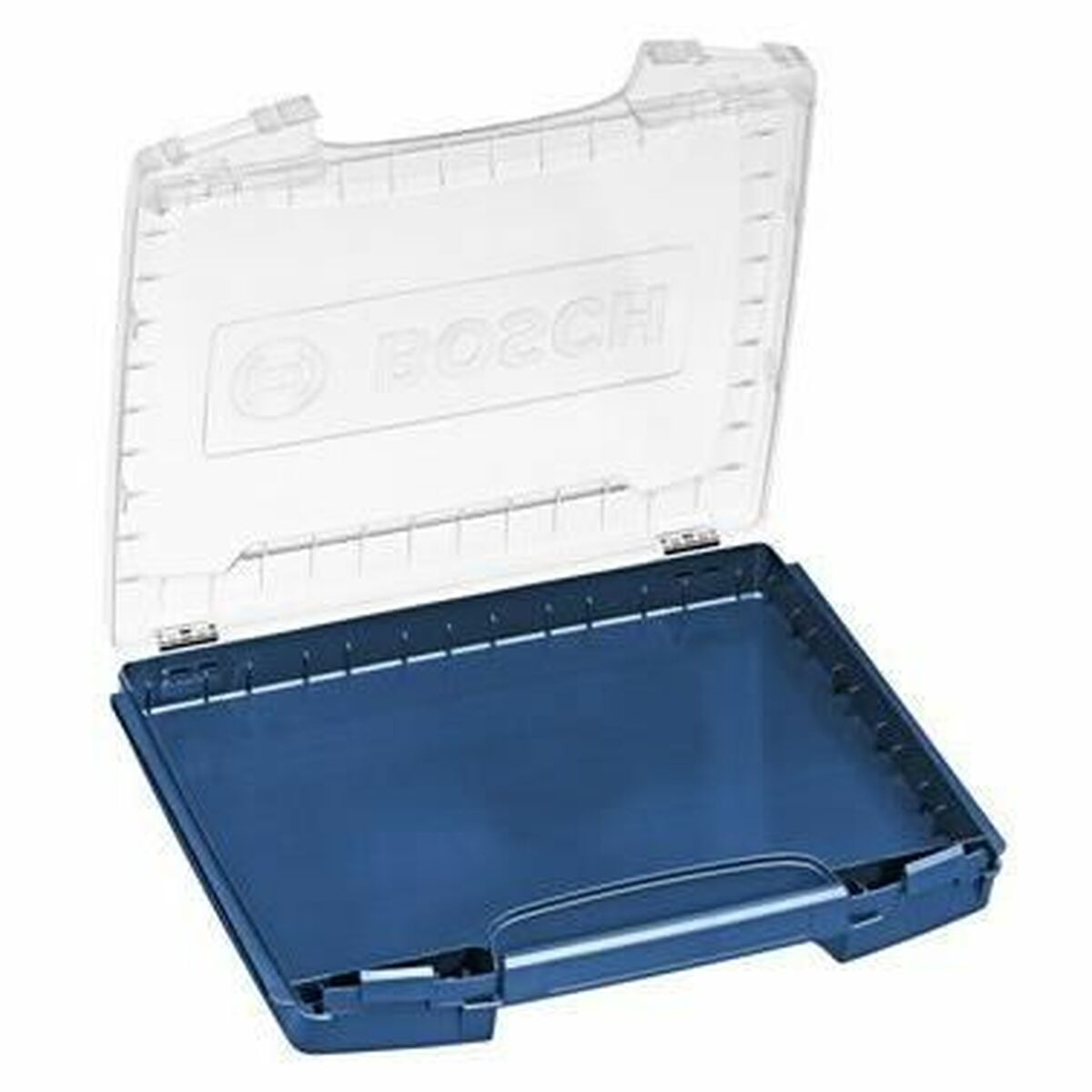 Una caja de almacenamiento Bosch abierta, azul oscuro, de plástico con tapa transparente.