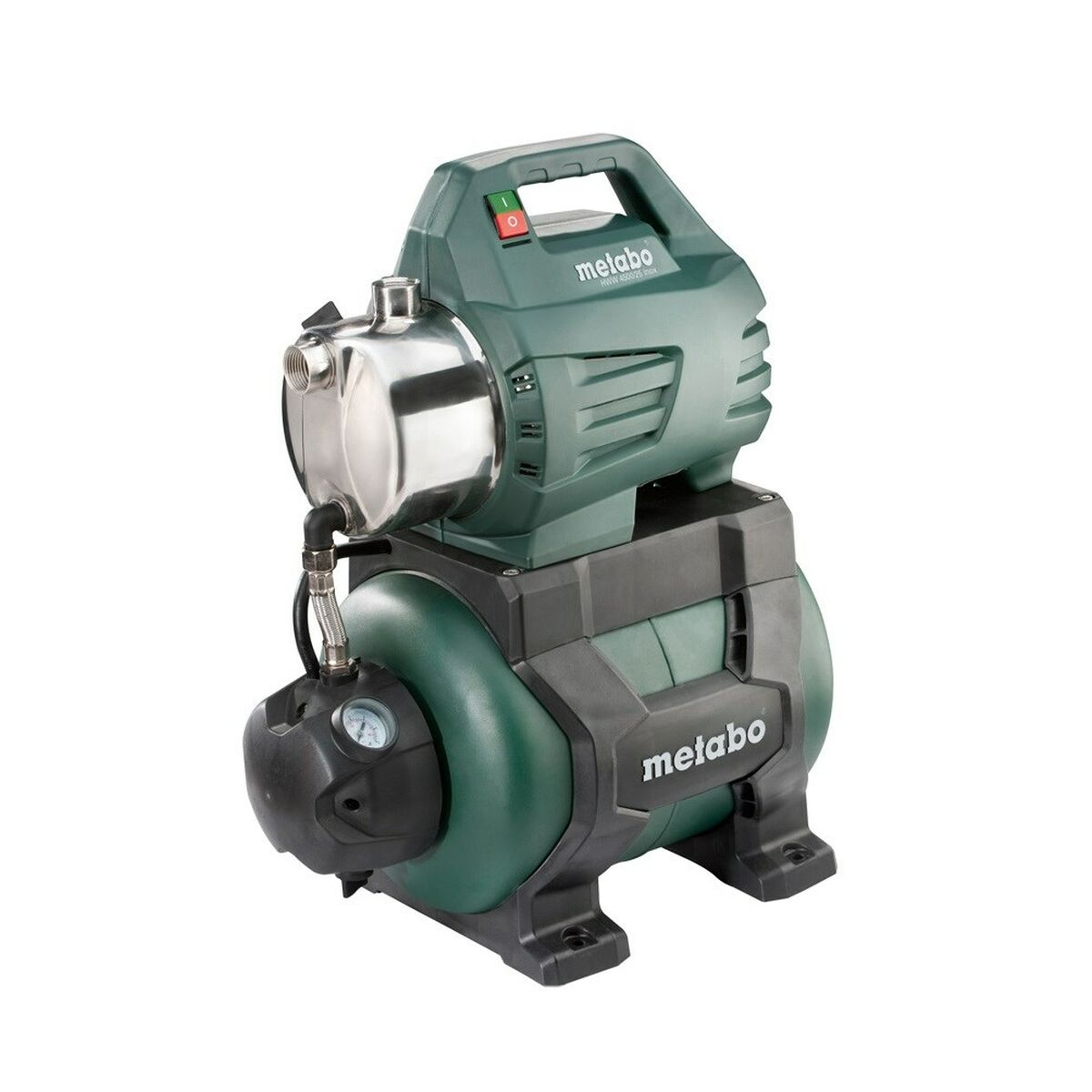 Grüne Metabo Wasserpumpe mit silbernem Behälter und blauem Manometer.