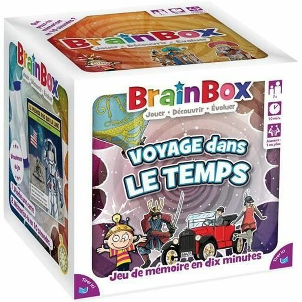 Scatola gioco BrainBox "Viaggio nel tempo": bambino, samurai, auto, mongolfiera, allunaggio.