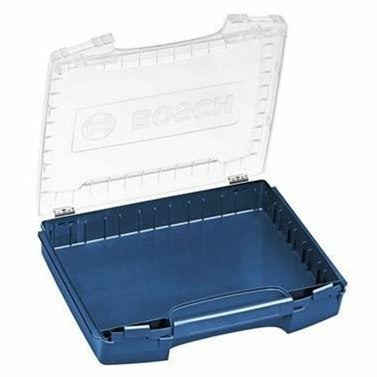 Una custodia portaoggetti Bosch blu con coperchio trasparente aperto.