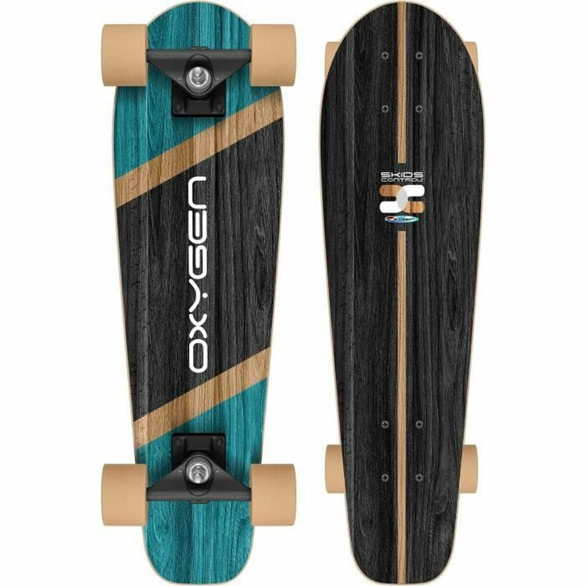 Deux planches de skateboard à grain de bois: une bleu/noir, l'autre noir/beige. Roues beiges.