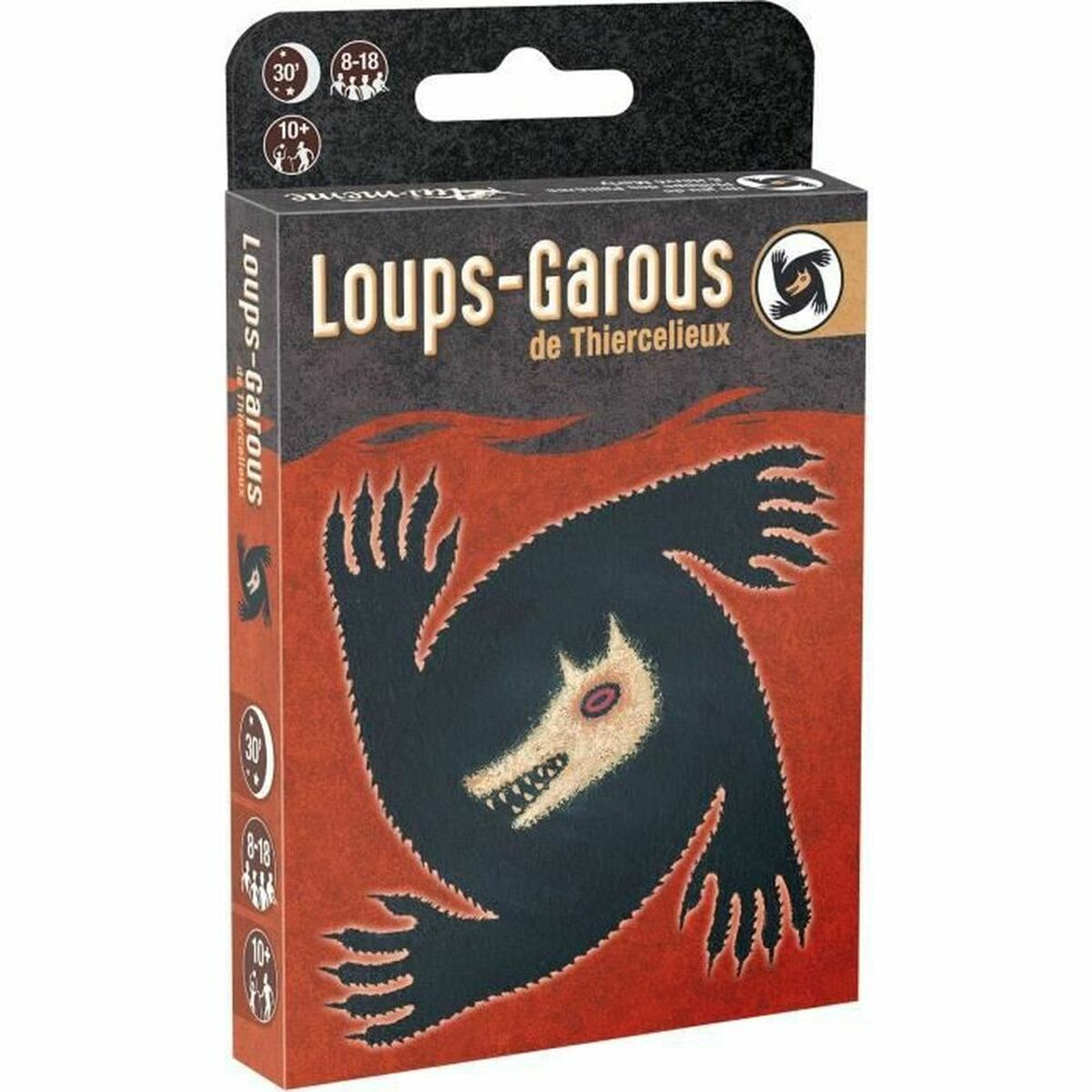 Lupo mannaro nero su sfondo rosso, confezione di gioco da tavolo.