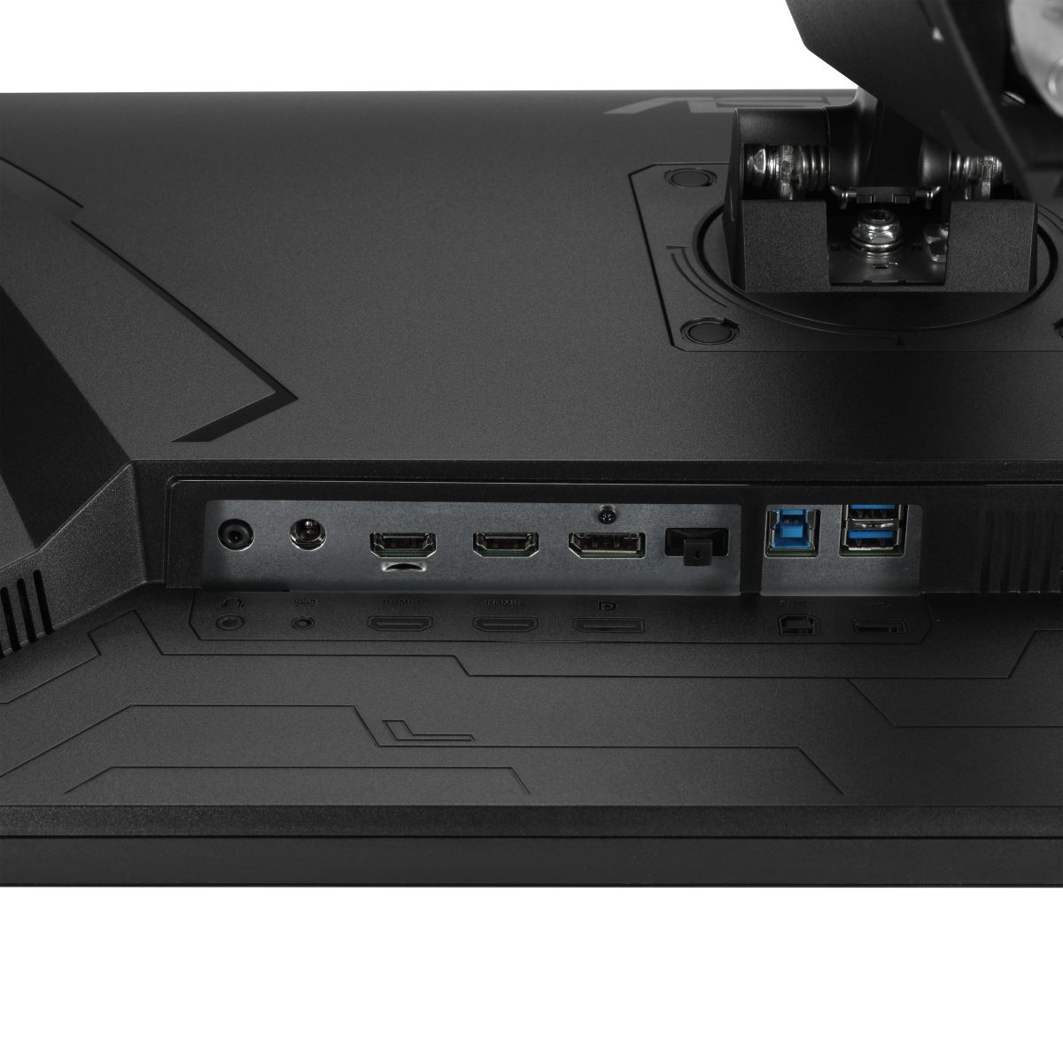 Retro di un monitor nero con porte come HDMI, DisplayPort e USB.