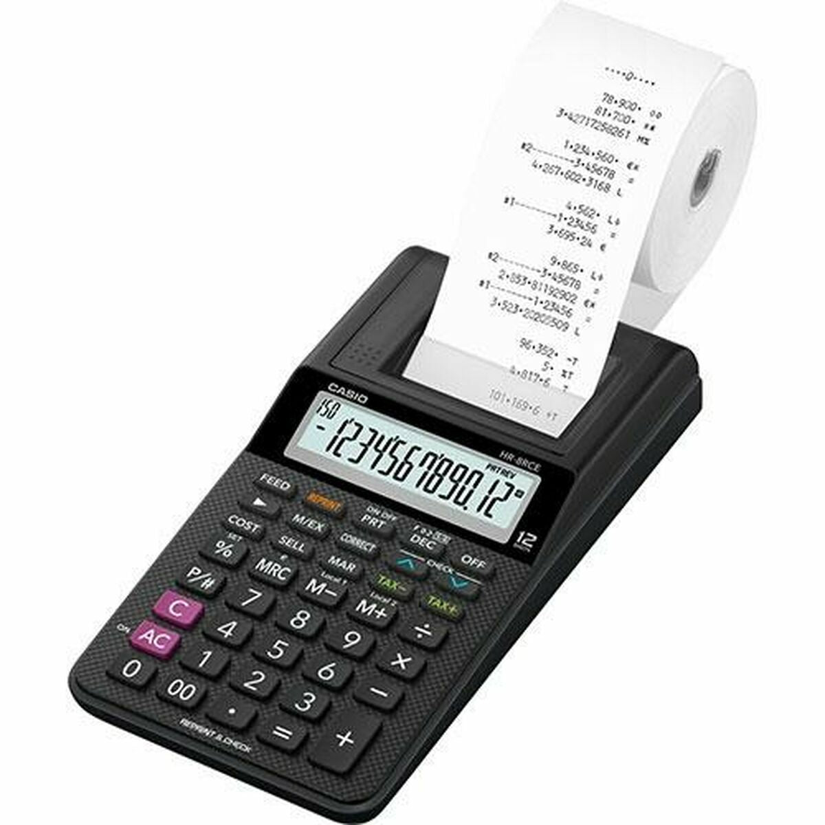 Czarna drukująca kalkulator Casio z rolką paragonów w użyciu.