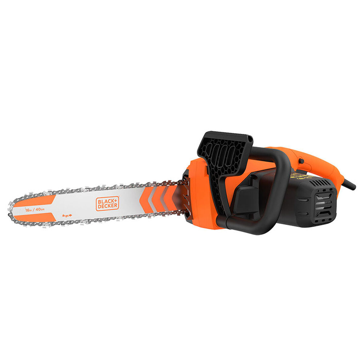Pomarańczowa pilarka elektryczna Black+Decker z prowadnicą 16" na białym tle.