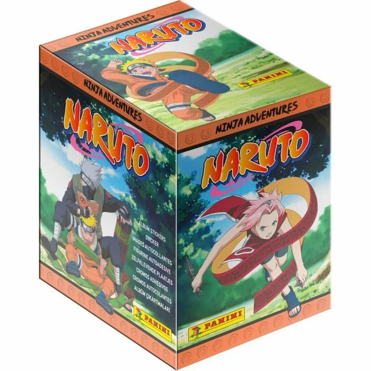 Naruto Ninja Adventures Box mit Naruto, Sasuke und Sakura Charakteren. Mit Panini Logo.