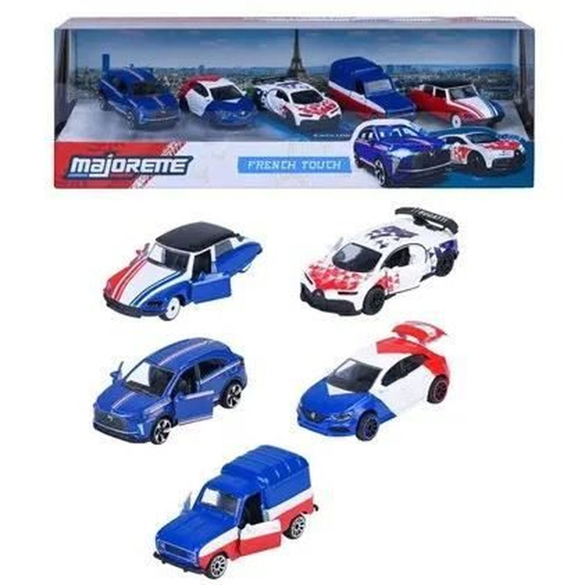 Sammlung von Majorette French Touch Spielzeugautos in Blau, Weiß und Rot.